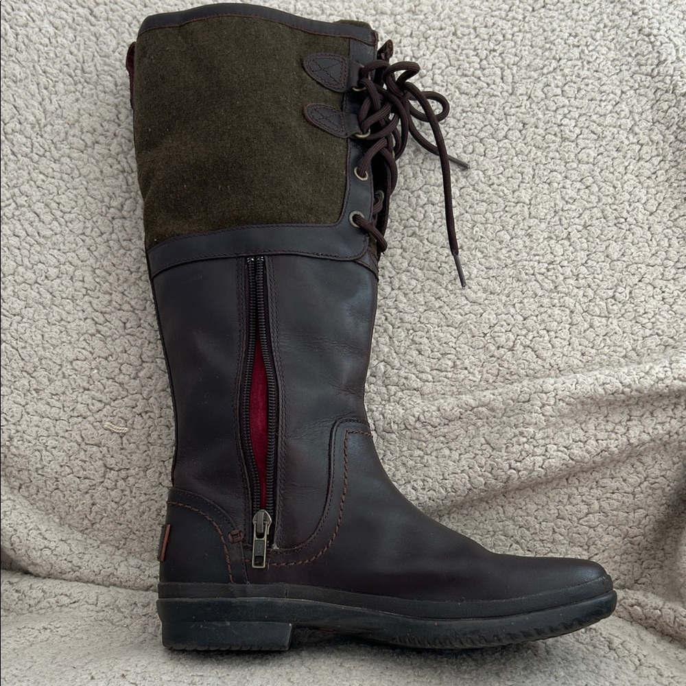 UGG Waterproof Dark Brown and Olive Lace Up Tall Boots